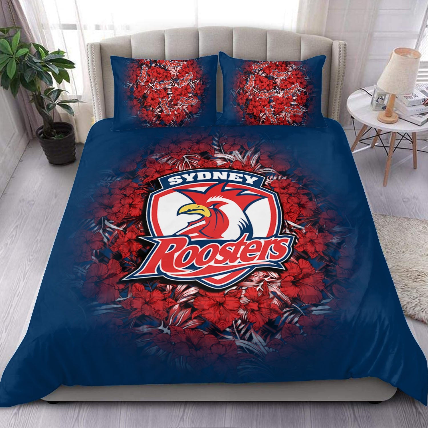 sydney-roosters-bedding-set-polynesian-hibiscus-tropical-vintage-nrl