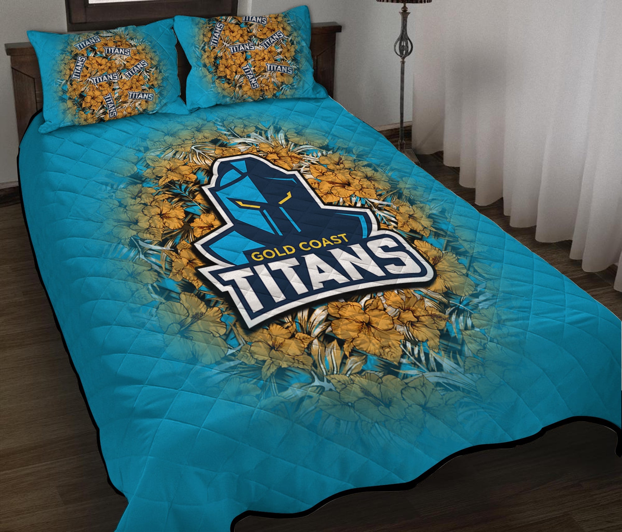 gold-coast-titans-quilt-bed-set-polynesian-hibiscus-tropical-vintage-nrl