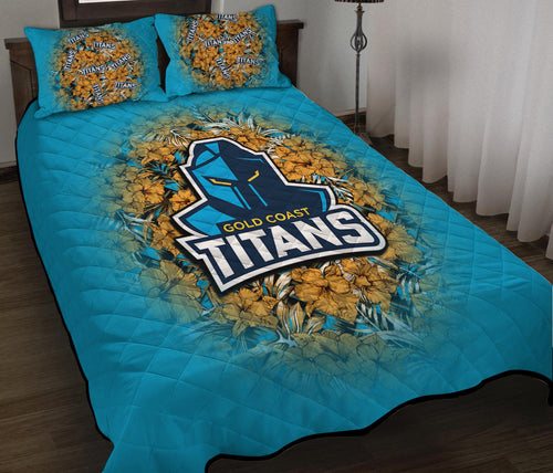gold-coast-titans-quilt-bed-set-polynesian-hibiscus-tropical-vintage-nrl