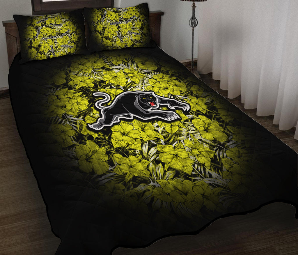 penrith-panthers-quilt-bed-set-polynesian-hibiscus-tropical-vintage-nrl