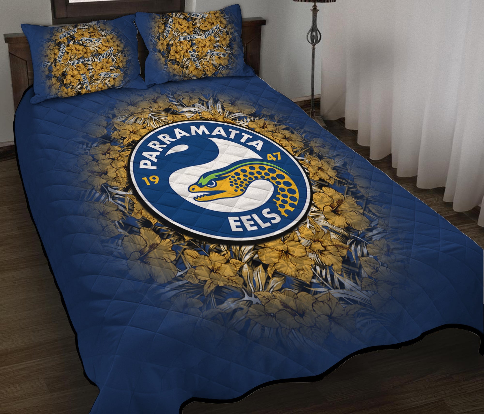 parramatta-eels-quilt-bed-set-polynesian-hibiscus-tropical-vintage-nrl
