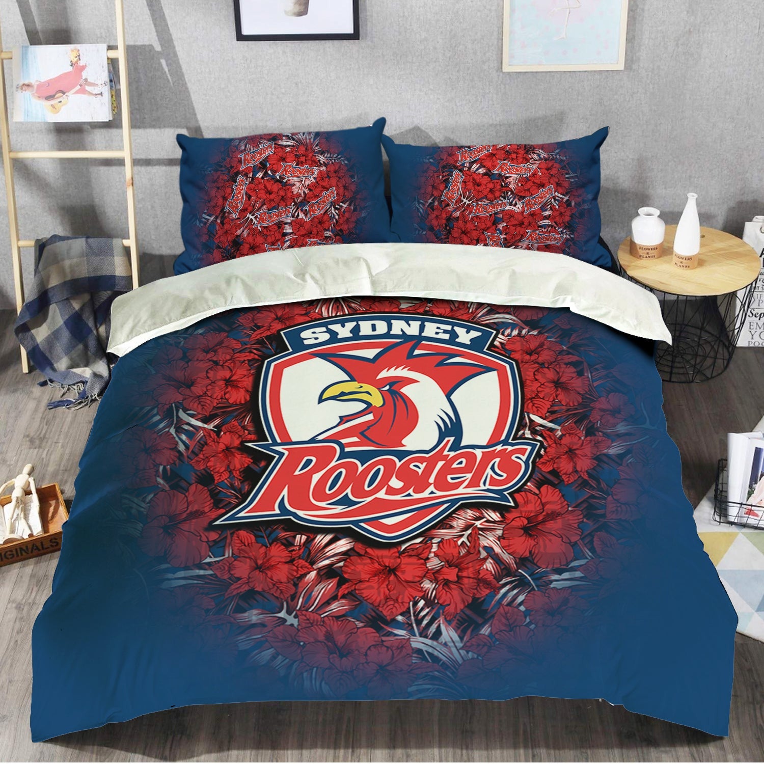 sydney-roosters-bedding-set-polynesian-hibiscus-tropical-vintage-nrl