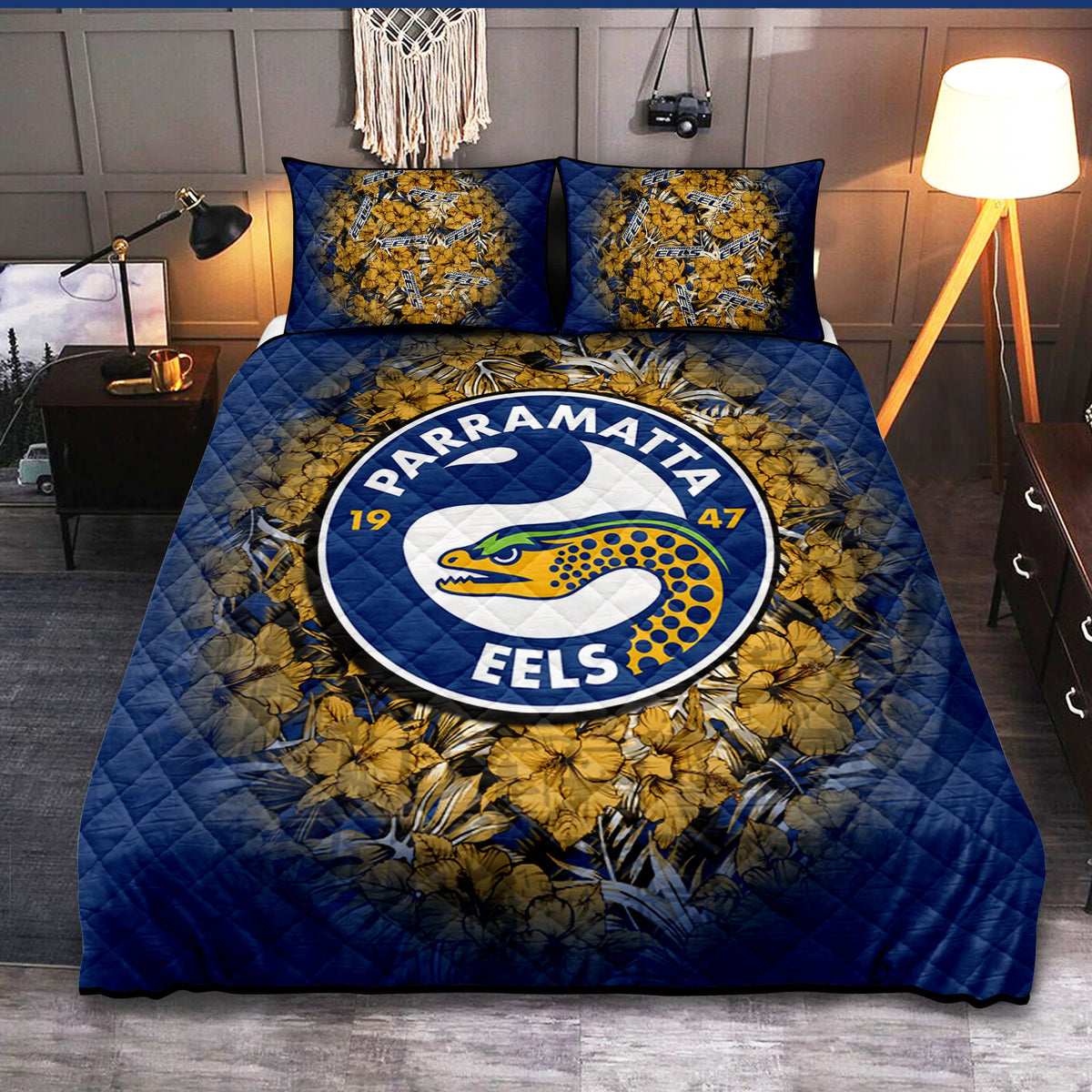parramatta-eels-quilt-bed-set-polynesian-hibiscus-tropical-vintage-nrl