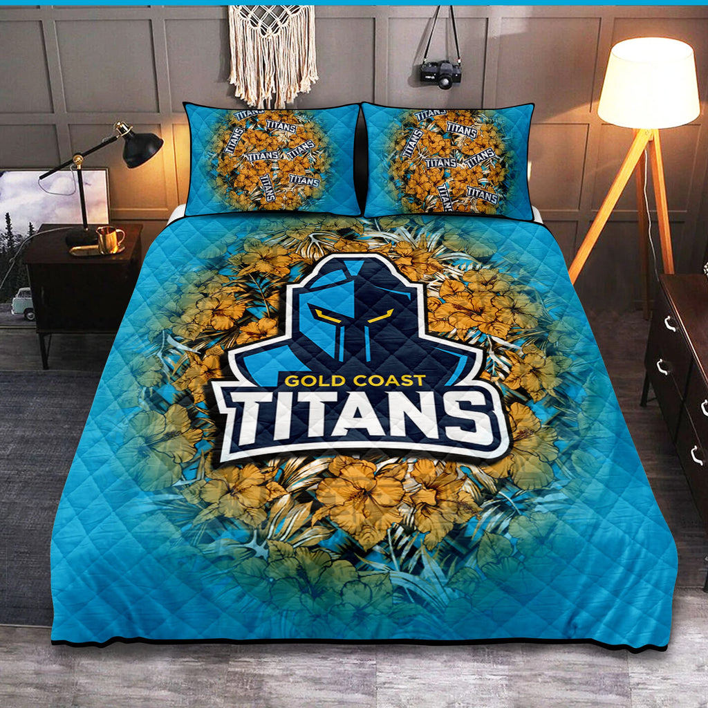 gold-coast-titans-quilt-bed-set-polynesian-hibiscus-tropical-vintage-nrl