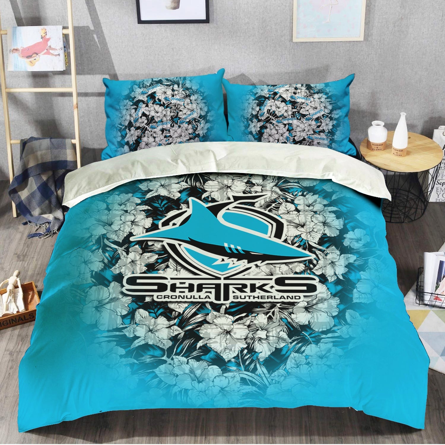 cronulla-sutherland-sharks-bedding-set-polynesian-hibiscus-tropical-vintage-nrl