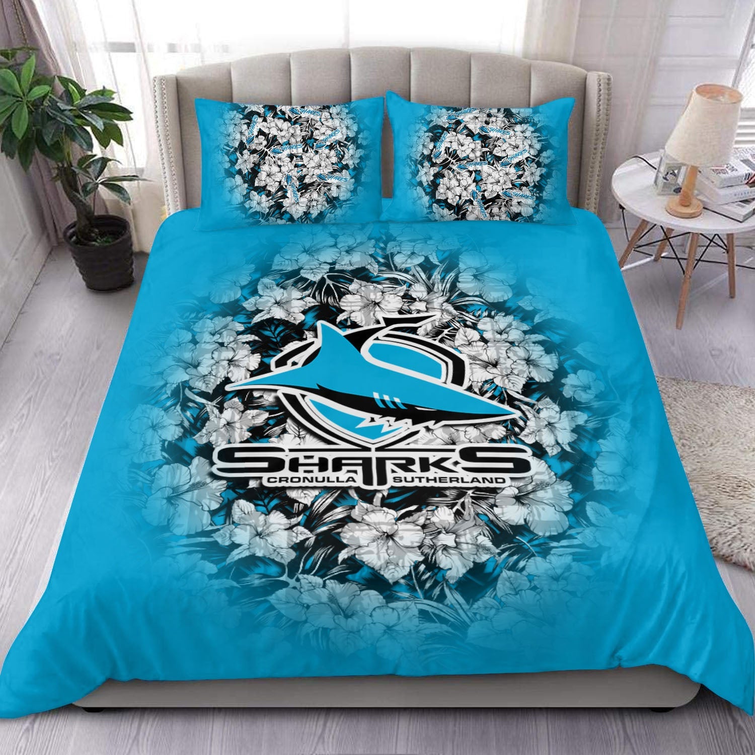 cronulla-sutherland-sharks-bedding-set-polynesian-hibiscus-tropical-vintage-nrl