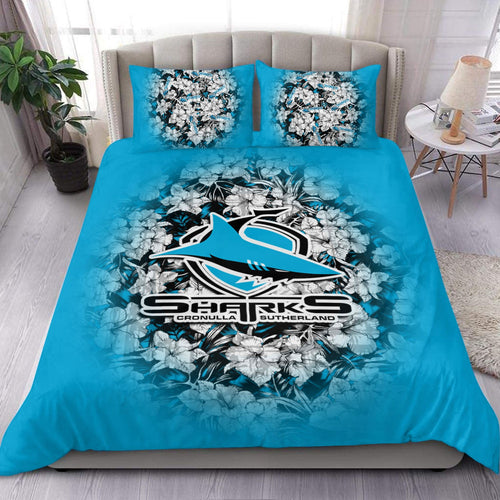 cronulla-sutherland-sharks-bedding-set-polynesian-hibiscus-tropical-vintage-nrl
