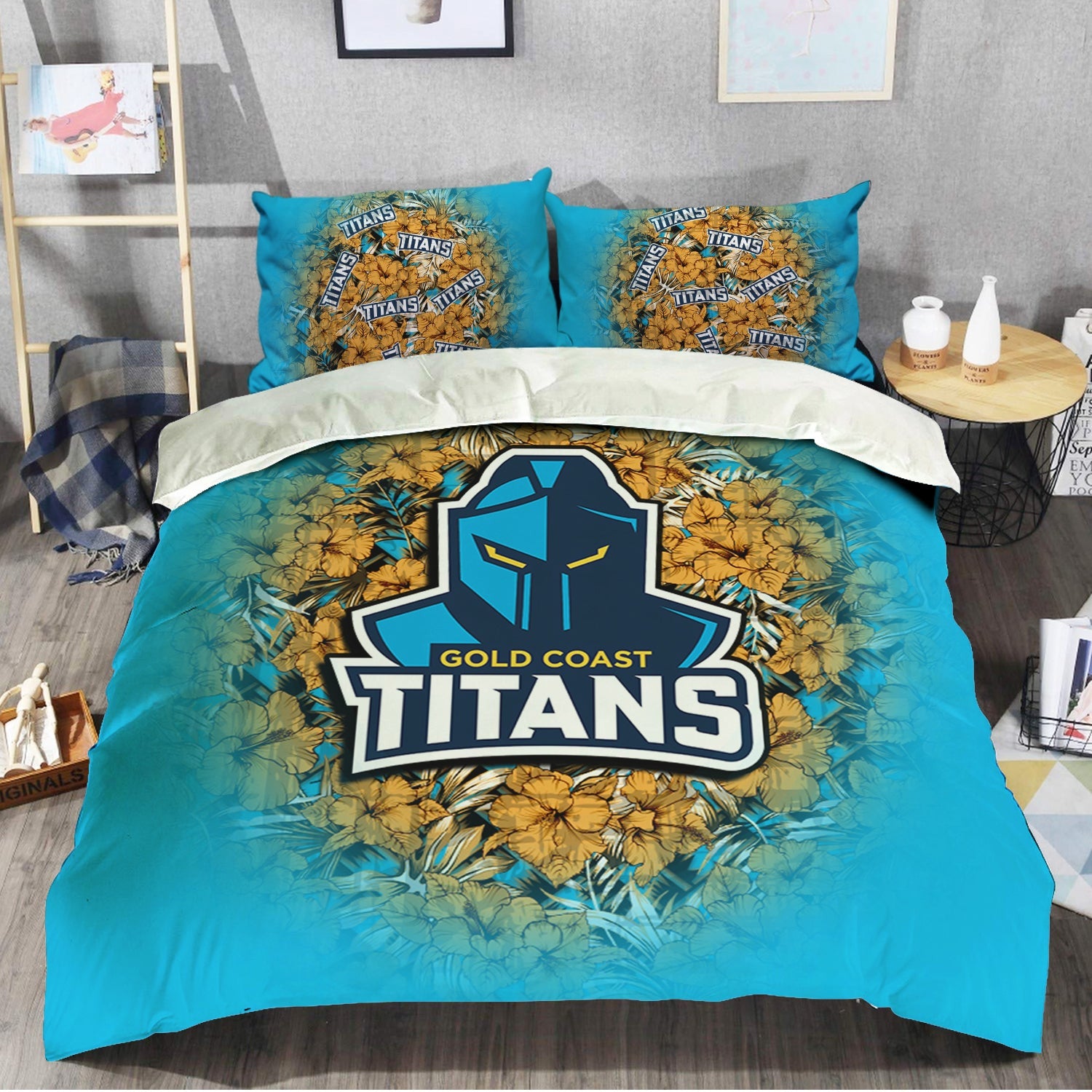 gold-coast-titans-bedding-set-polynesian-hibiscus-tropical-vintage-nrl