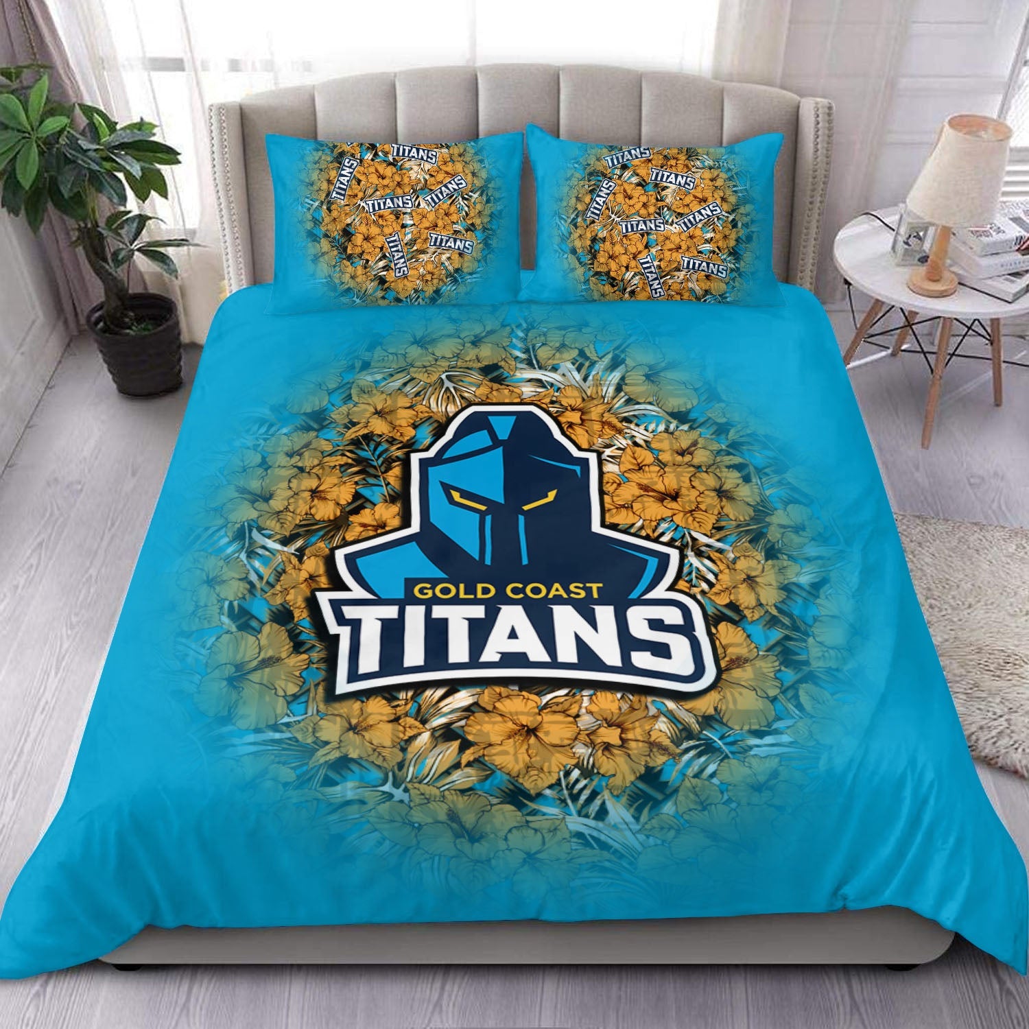 gold-coast-titans-bedding-set-polynesian-hibiscus-tropical-vintage-nrl