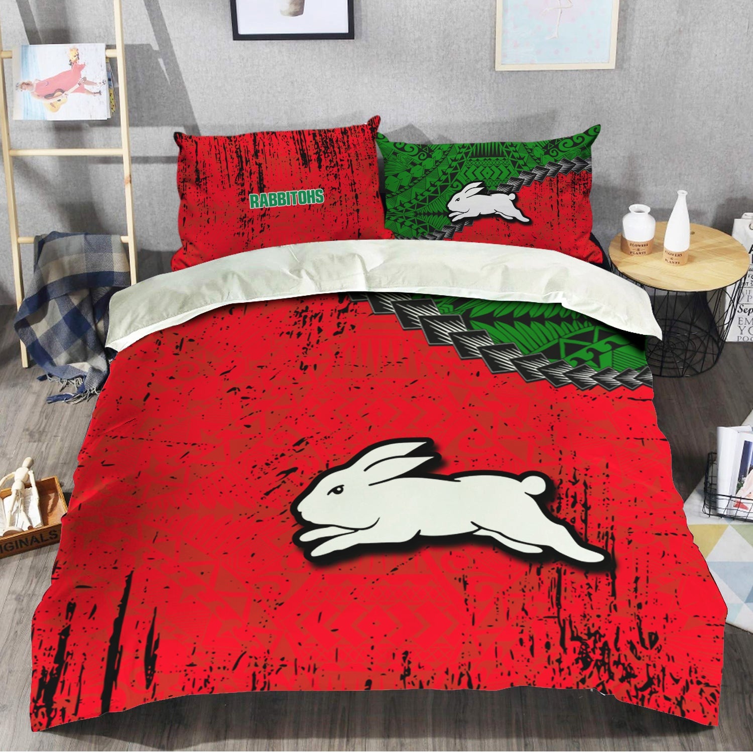 south-sydney-rabbitohs-bedding-set-grunge-polynesian-tattoo-nrl