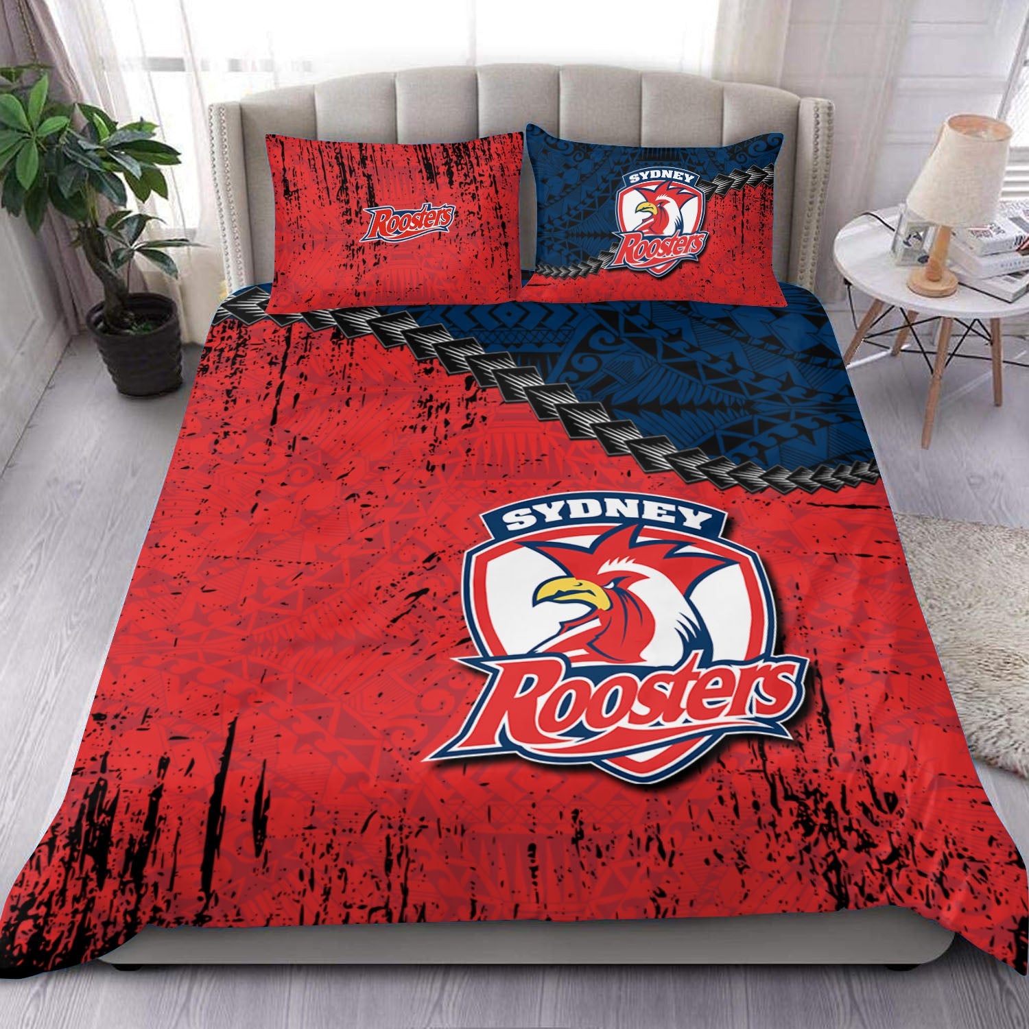 sydney-roosters-bedding-set-grunge-polynesian-tattoo-nrl