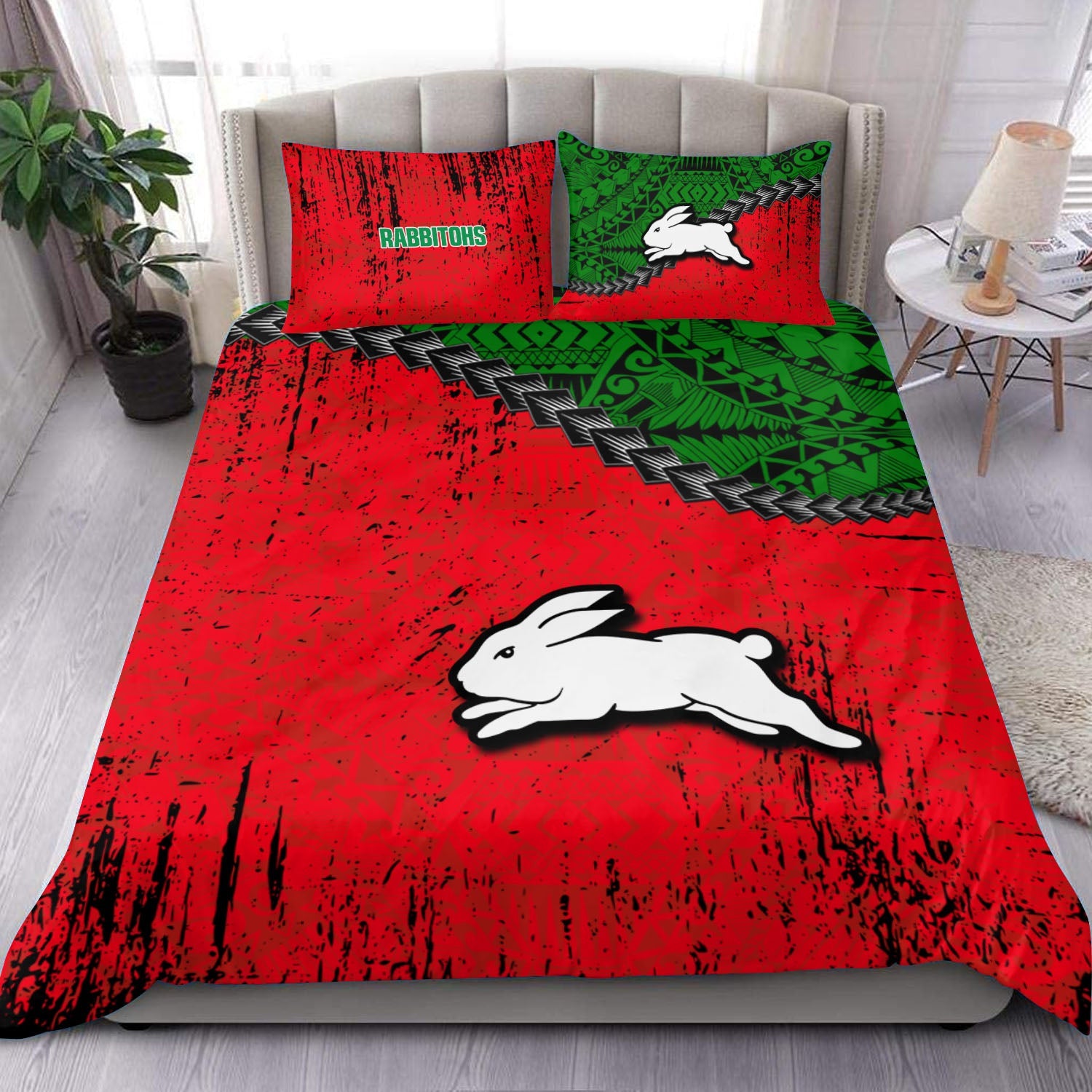 south-sydney-rabbitohs-bedding-set-grunge-polynesian-tattoo-nrl