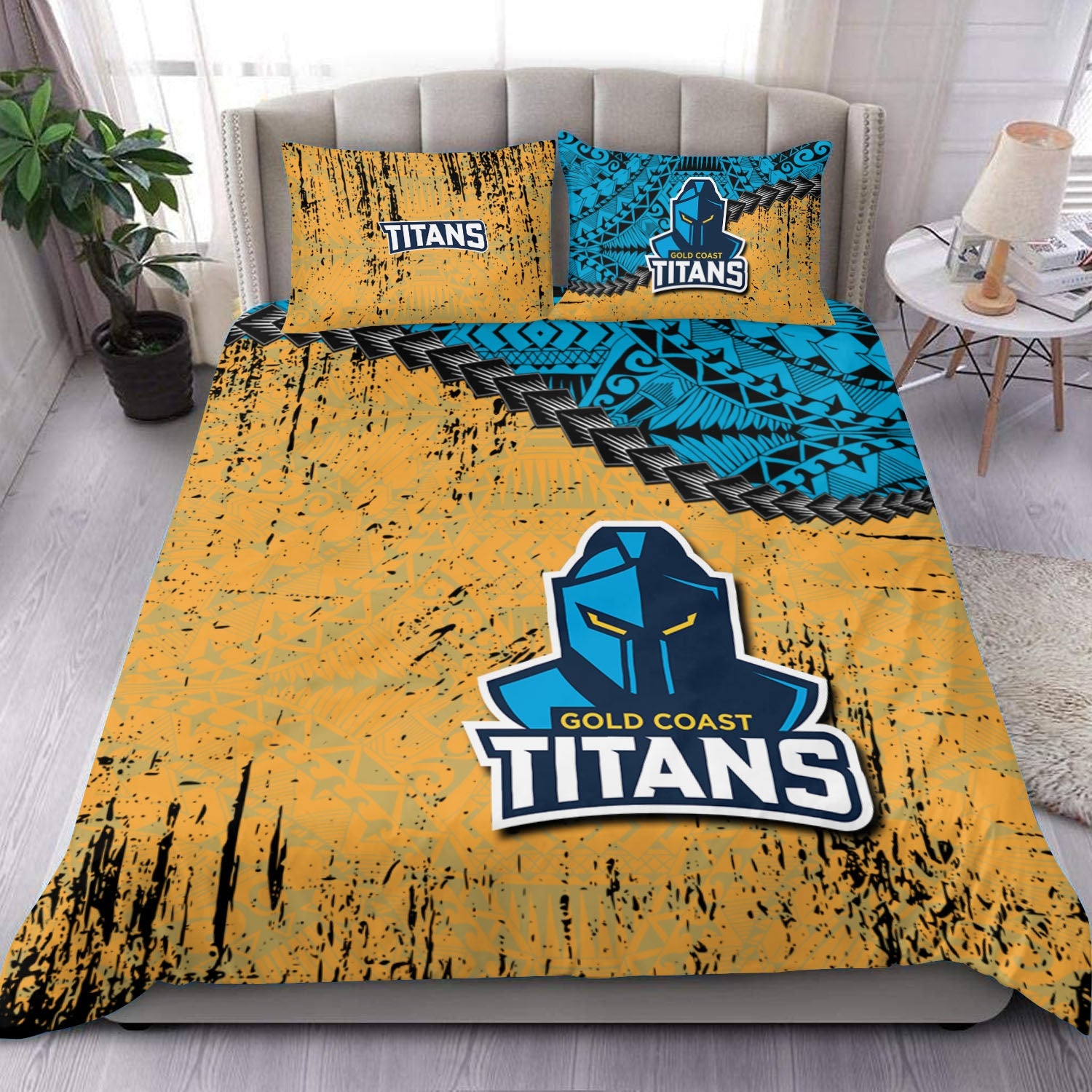 gold-coast-titans-bedding-set-grunge-polynesian-tattoo-nrl