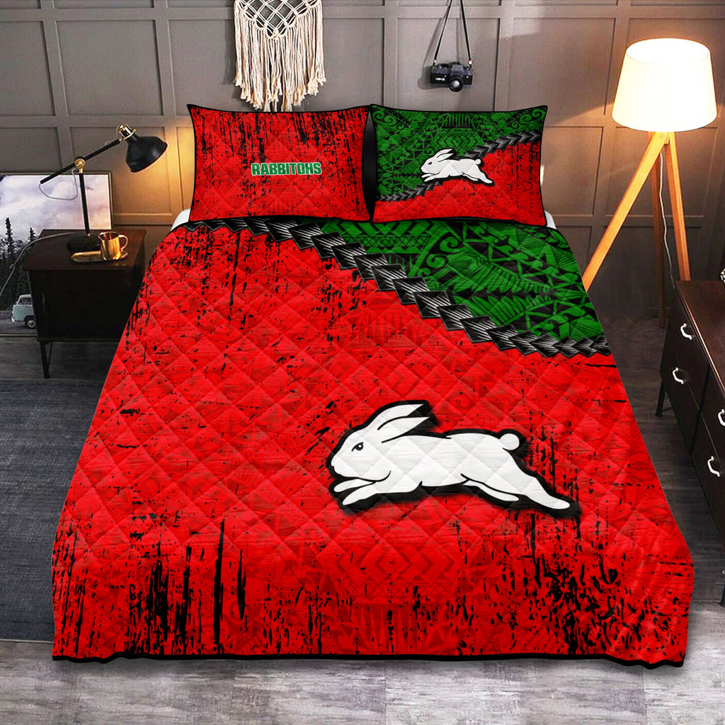 south-sydney-rabbitohs-quilt-bed-set-grunge-polynesian-tattoo-nrl