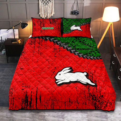south-sydney-rabbitohs-quilt-bed-set-grunge-polynesian-tattoo-nrl