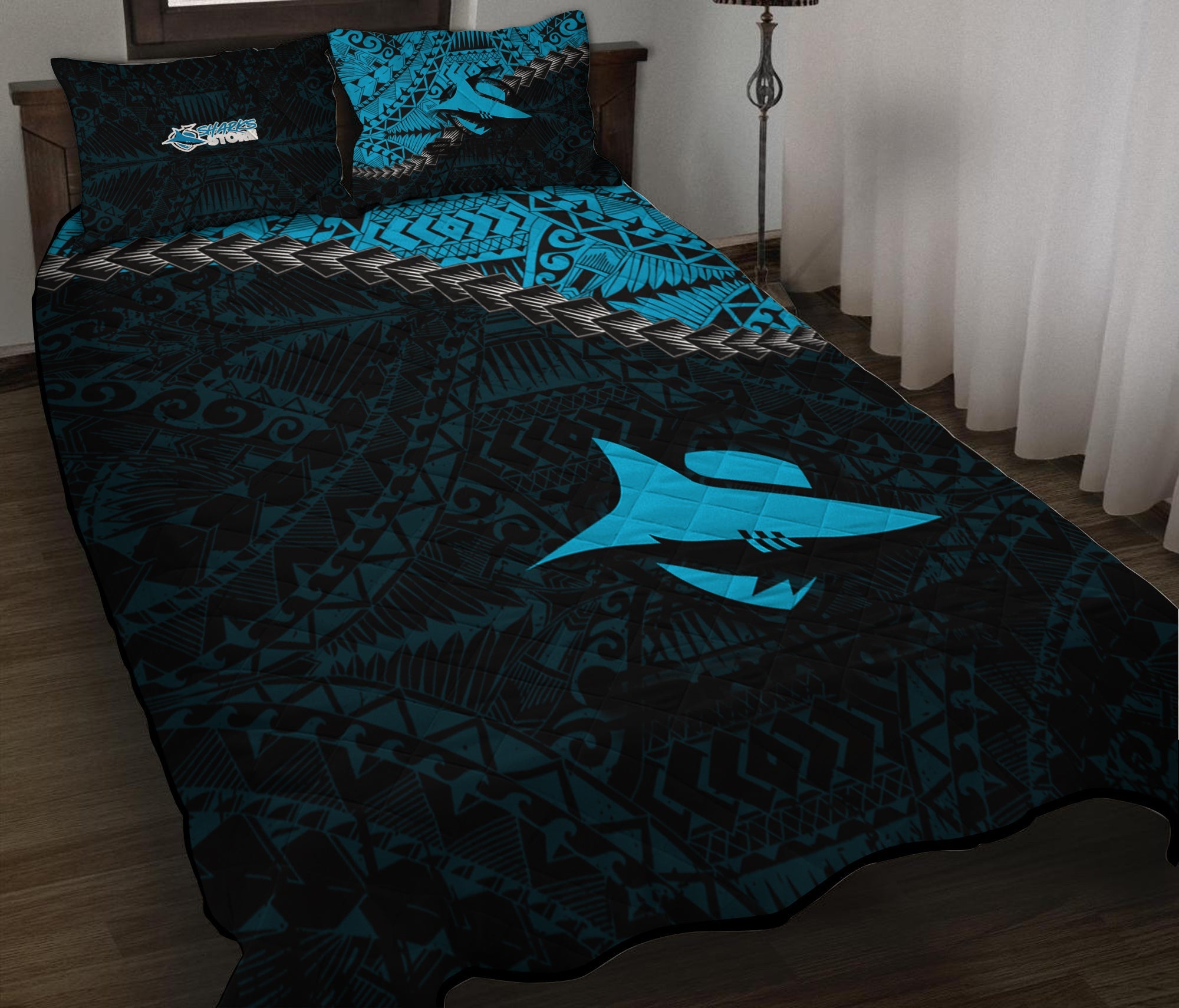 cronulla-sutherland-sharks-quilt-bed-set-grunge-polynesian-tattoo-nrl