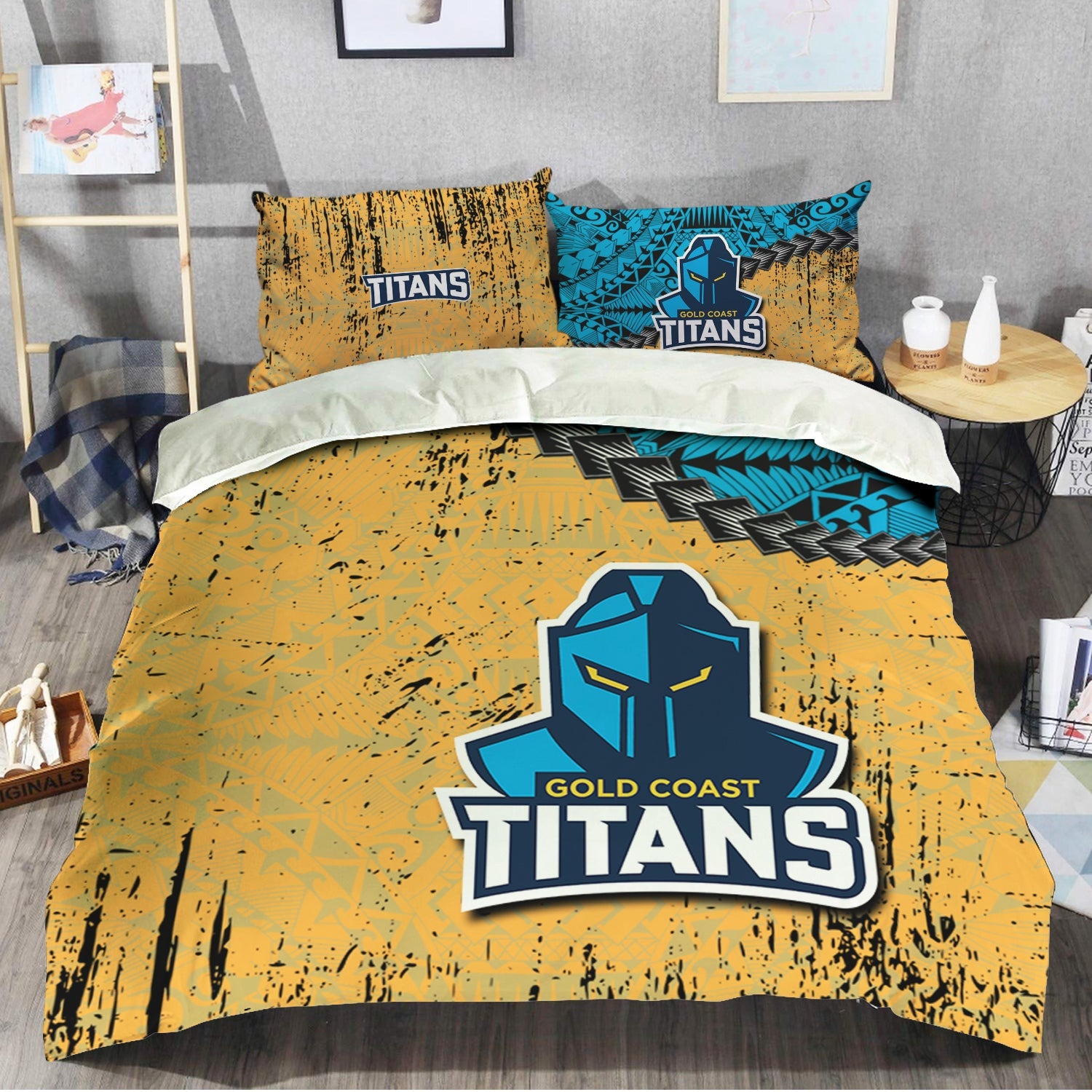 gold-coast-titans-bedding-set-grunge-polynesian-tattoo-nrl