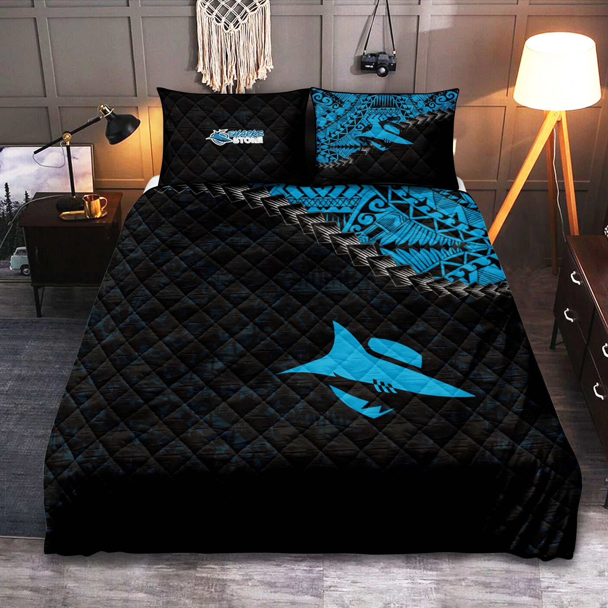cronulla-sutherland-sharks-quilt-bed-set-grunge-polynesian-tattoo-nrl