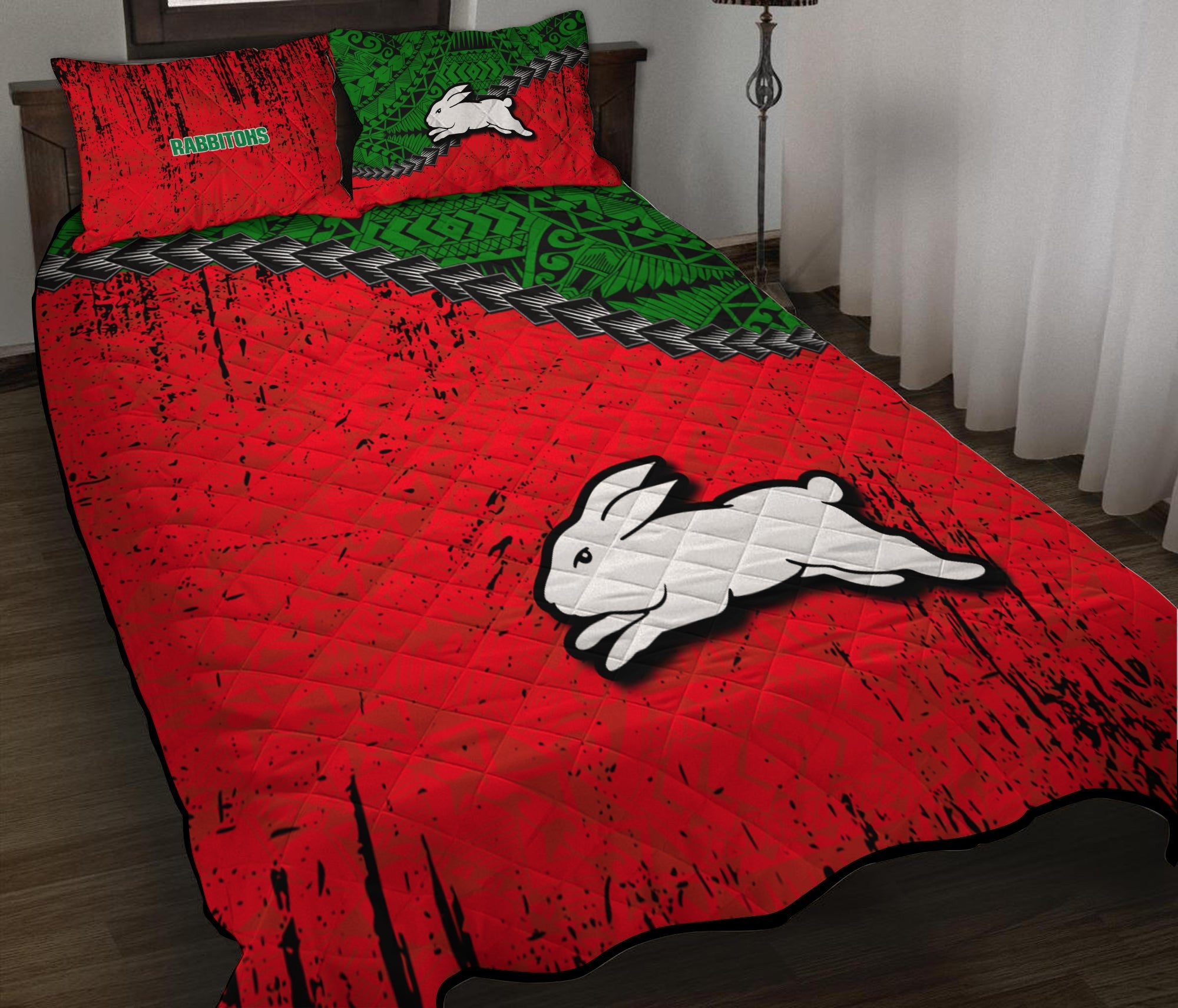 south-sydney-rabbitohs-quilt-bed-set-grunge-polynesian-tattoo-nrl