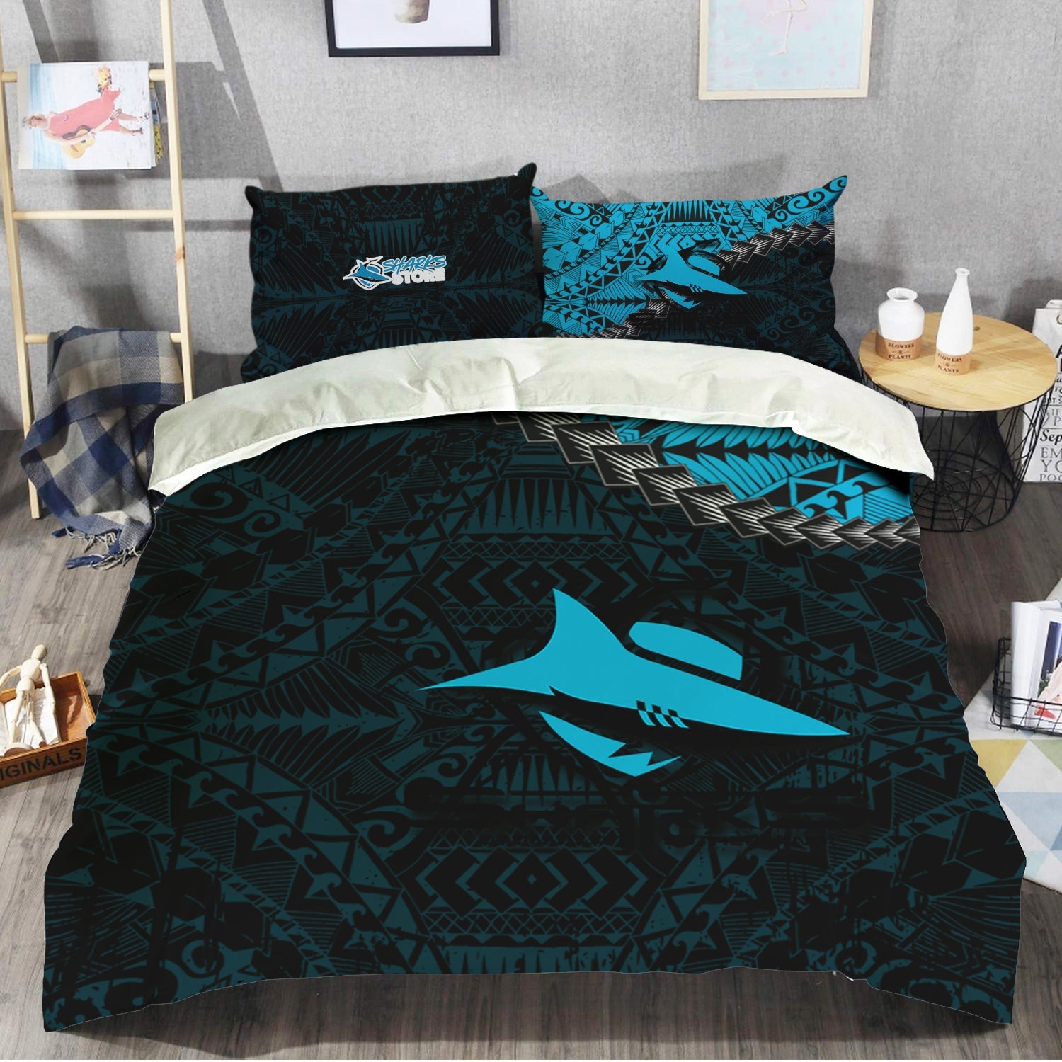 cronulla-sutherland-sharks-bedding-set-grunge-polynesian-tattoo-nrl