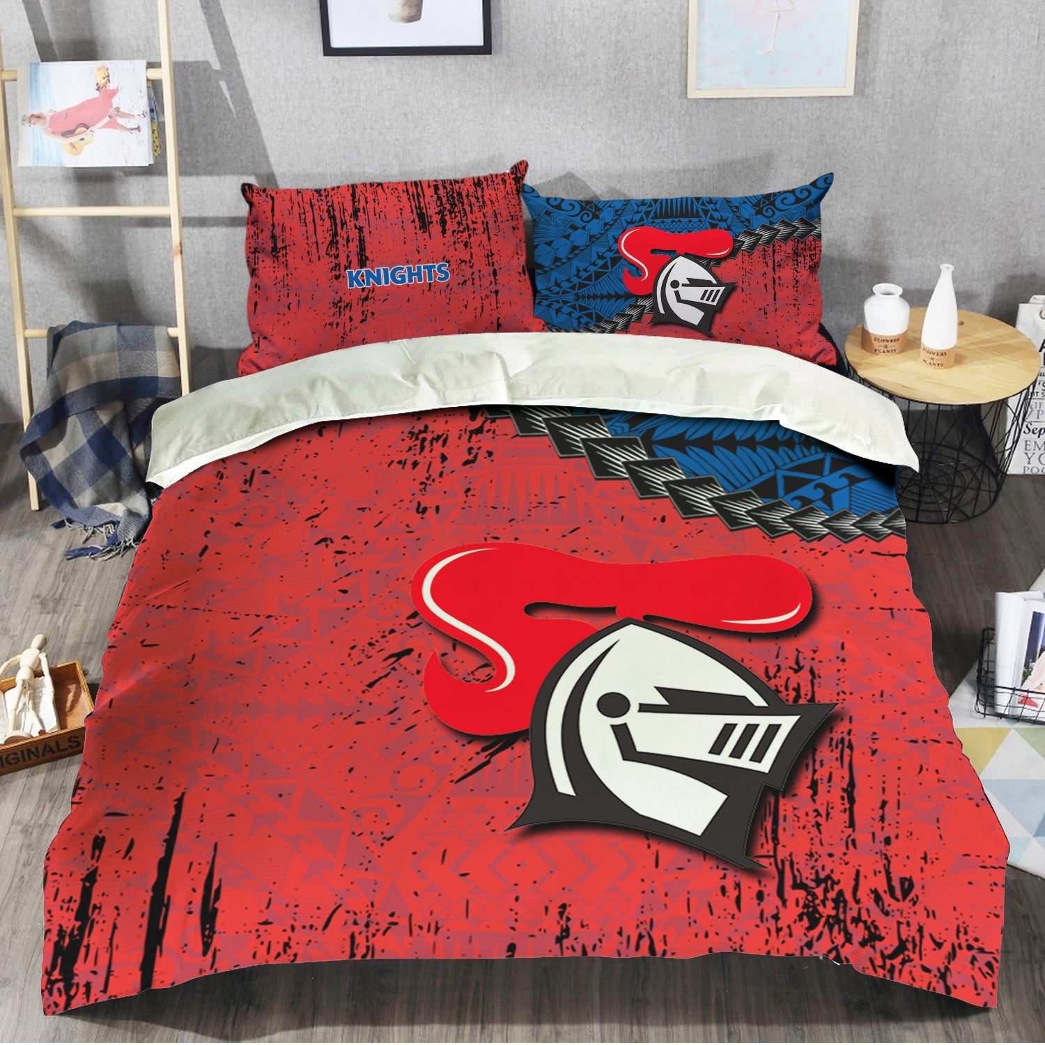 newcastle-knights-bedding-set-grunge-polynesian-tattoo-nrl