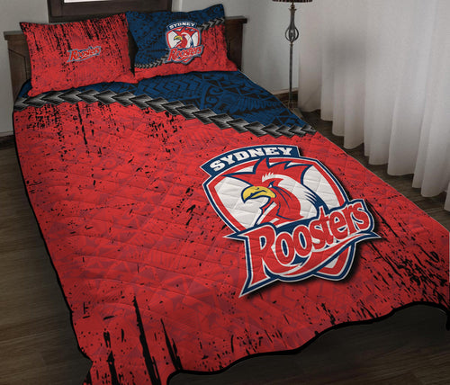 sydney-roosters-quilt-bed-set-grunge-polynesian-tattoo-nrl