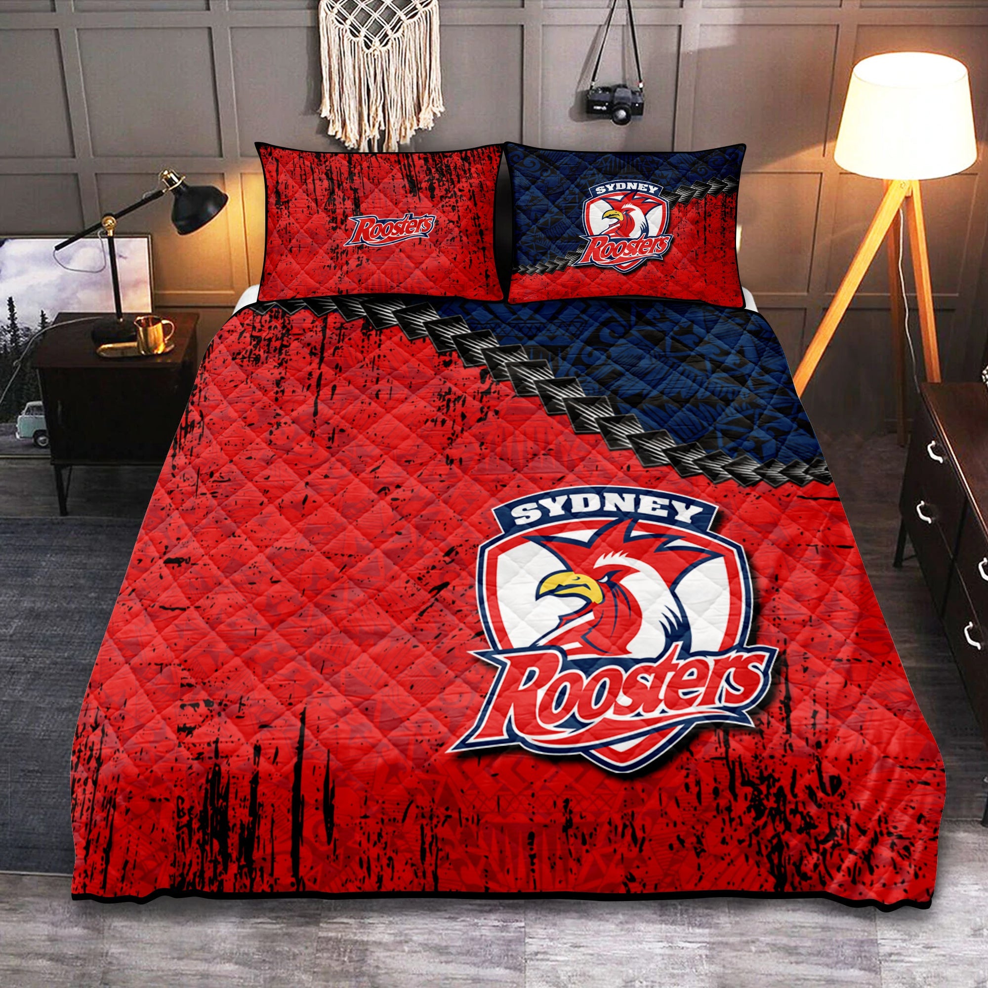sydney-roosters-quilt-bed-set-grunge-polynesian-tattoo-nrl