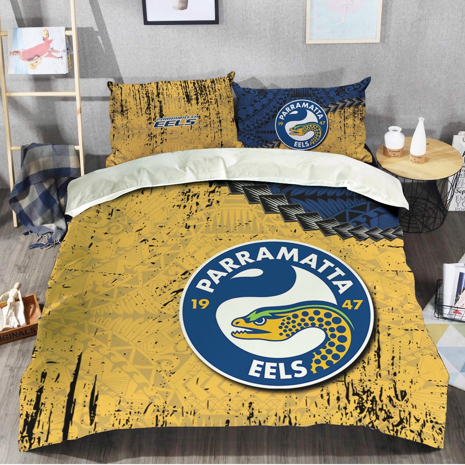 parramatta-eels-bedding-set-grunge-polynesian-tattoo-nrl
