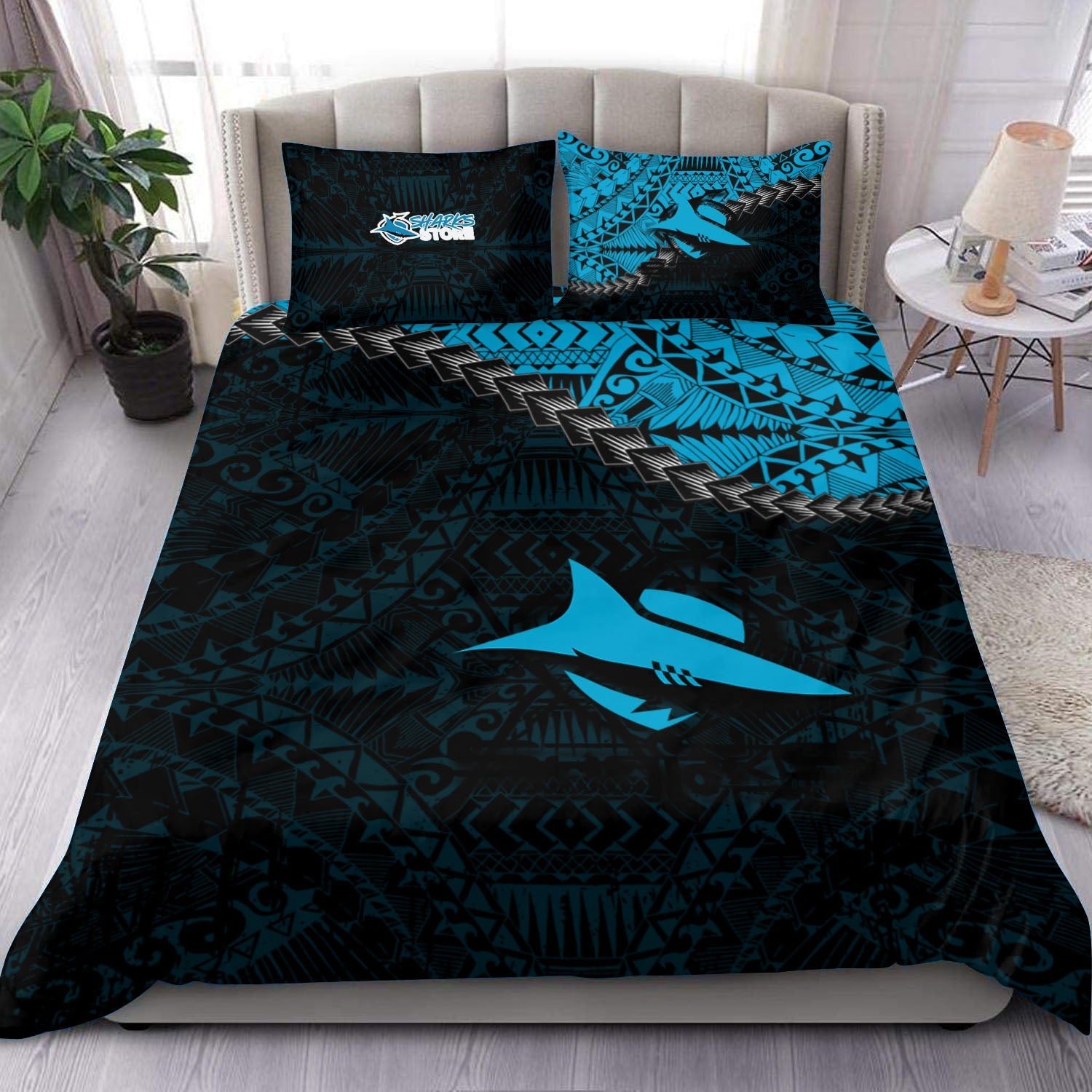 cronulla-sutherland-sharks-bedding-set-grunge-polynesian-tattoo-nrl