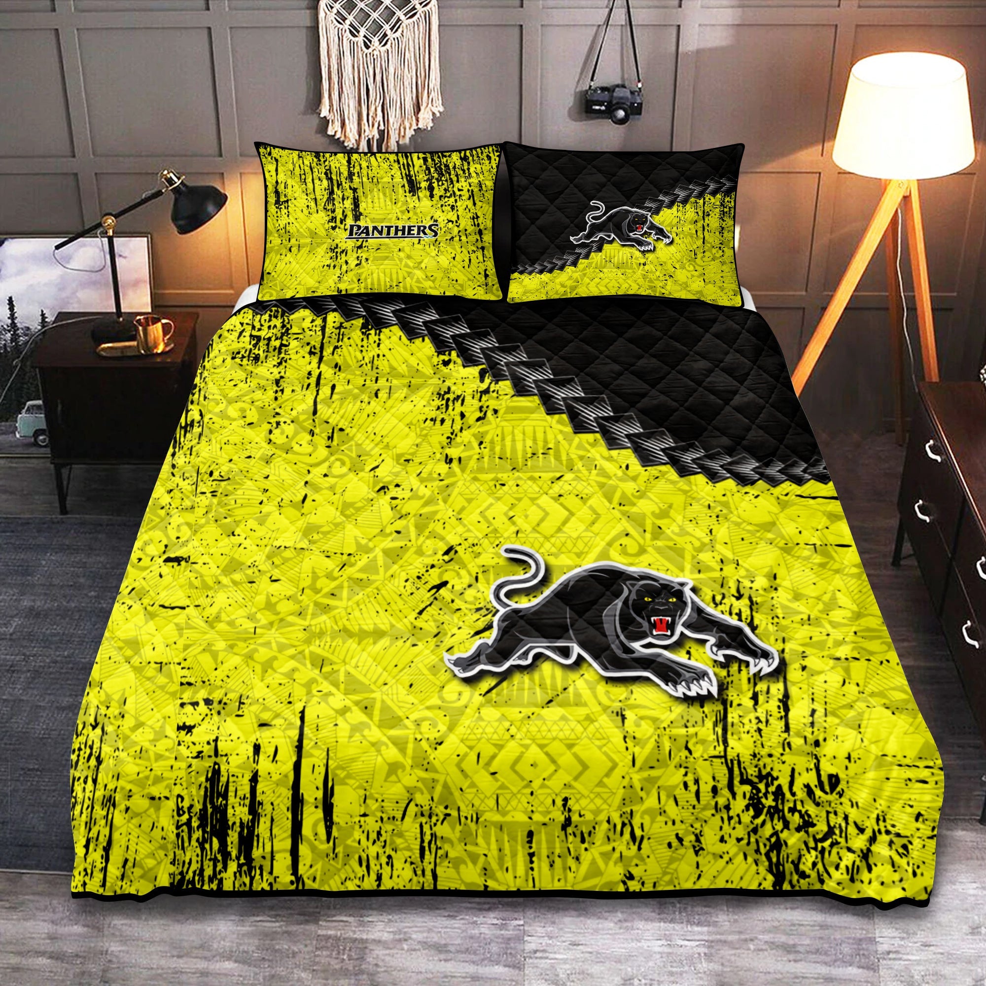penrith-panthers-quilt-bed-set-grunge-polynesian-tattoo-nrl