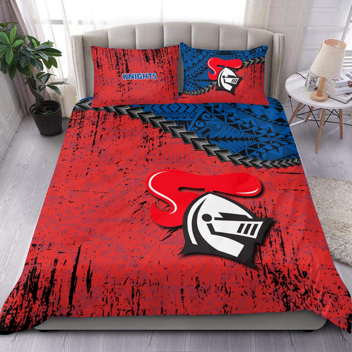 newcastle-knights-bedding-set-grunge-polynesian-tattoo-nrl