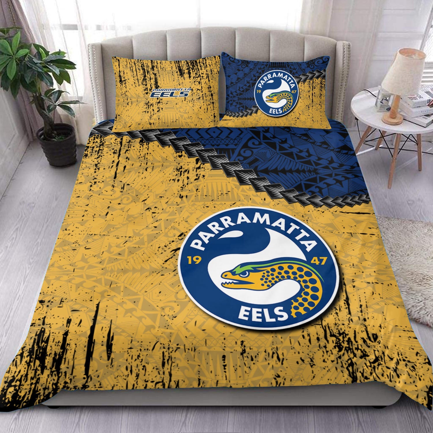 parramatta-eels-bedding-set-grunge-polynesian-tattoo-nrl