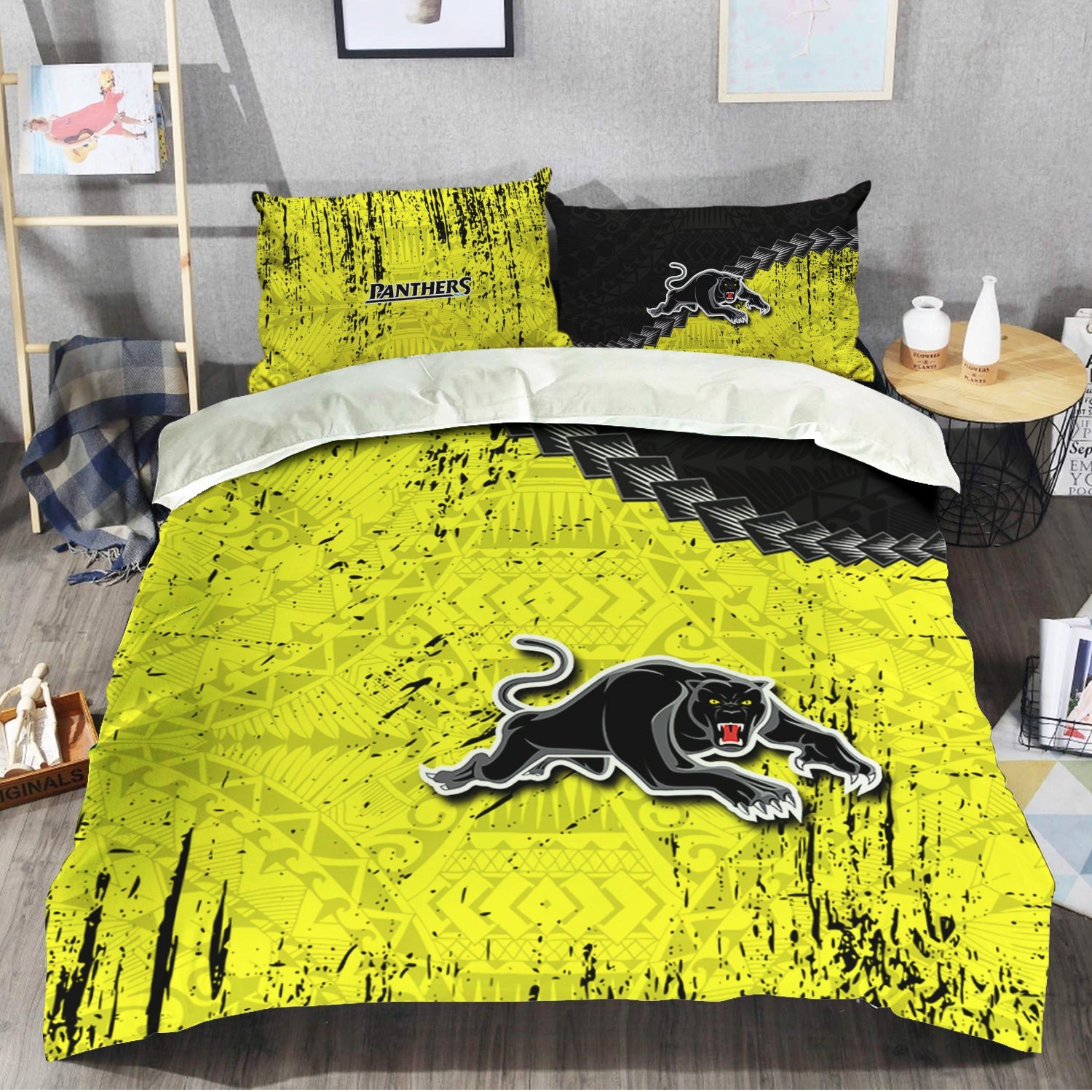 penrith-panthers-bedding-set-grunge-polynesian-tattoo-nrl