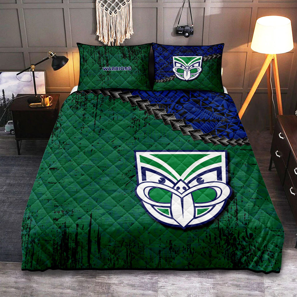 new-zealand-warriors-quilt-bed-set-grunge-polynesian-tattoo-nrl