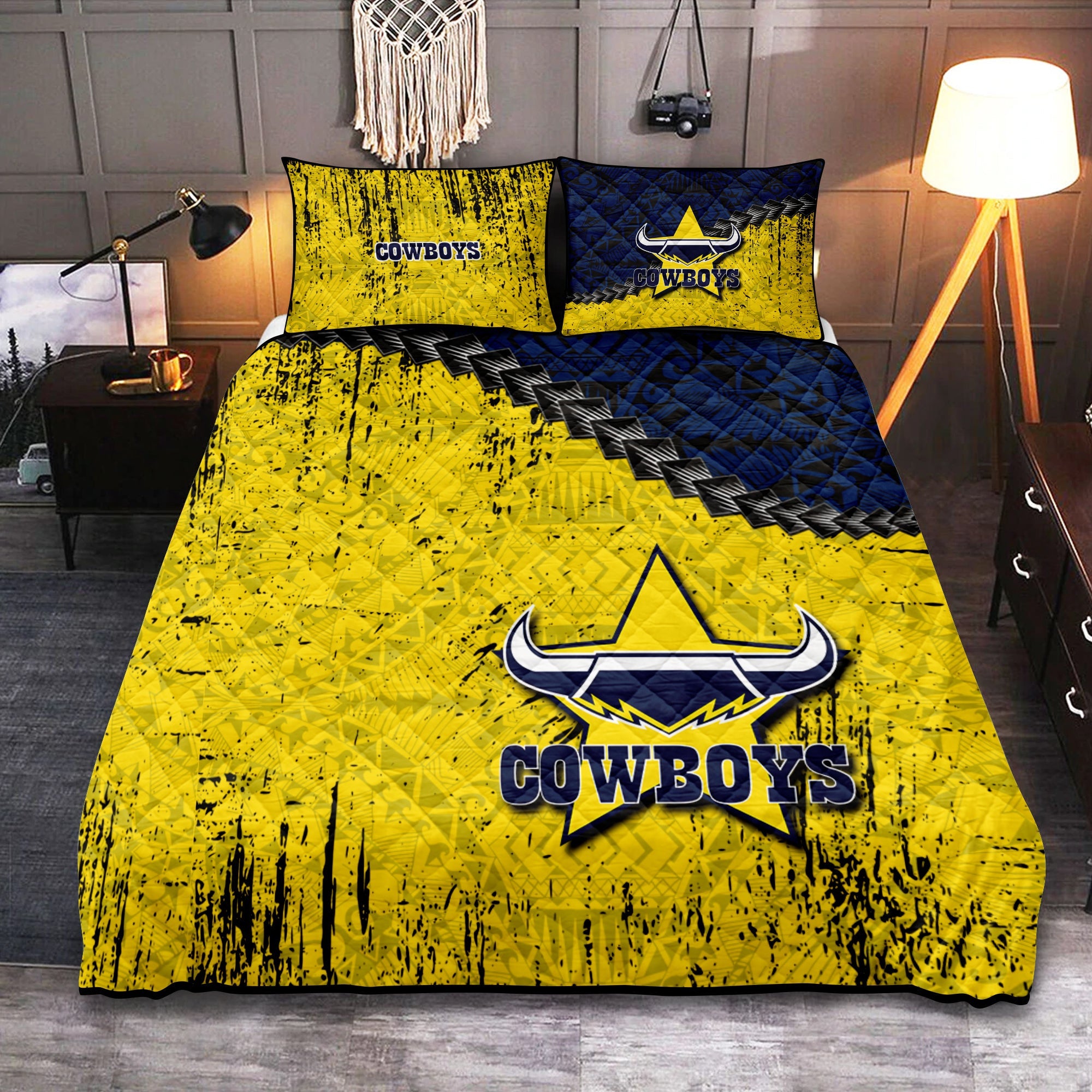 north-queensland-cowboys-quilt-bed-set-grunge-polynesian-tattoo-nrl