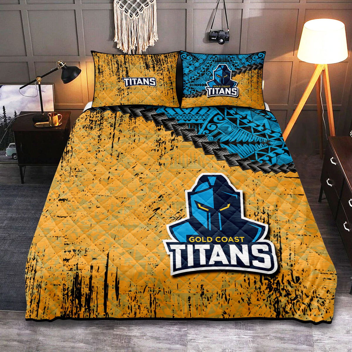 gold-coast-titans-quilt-bed-set-grunge-polynesian-tattoo-nrl