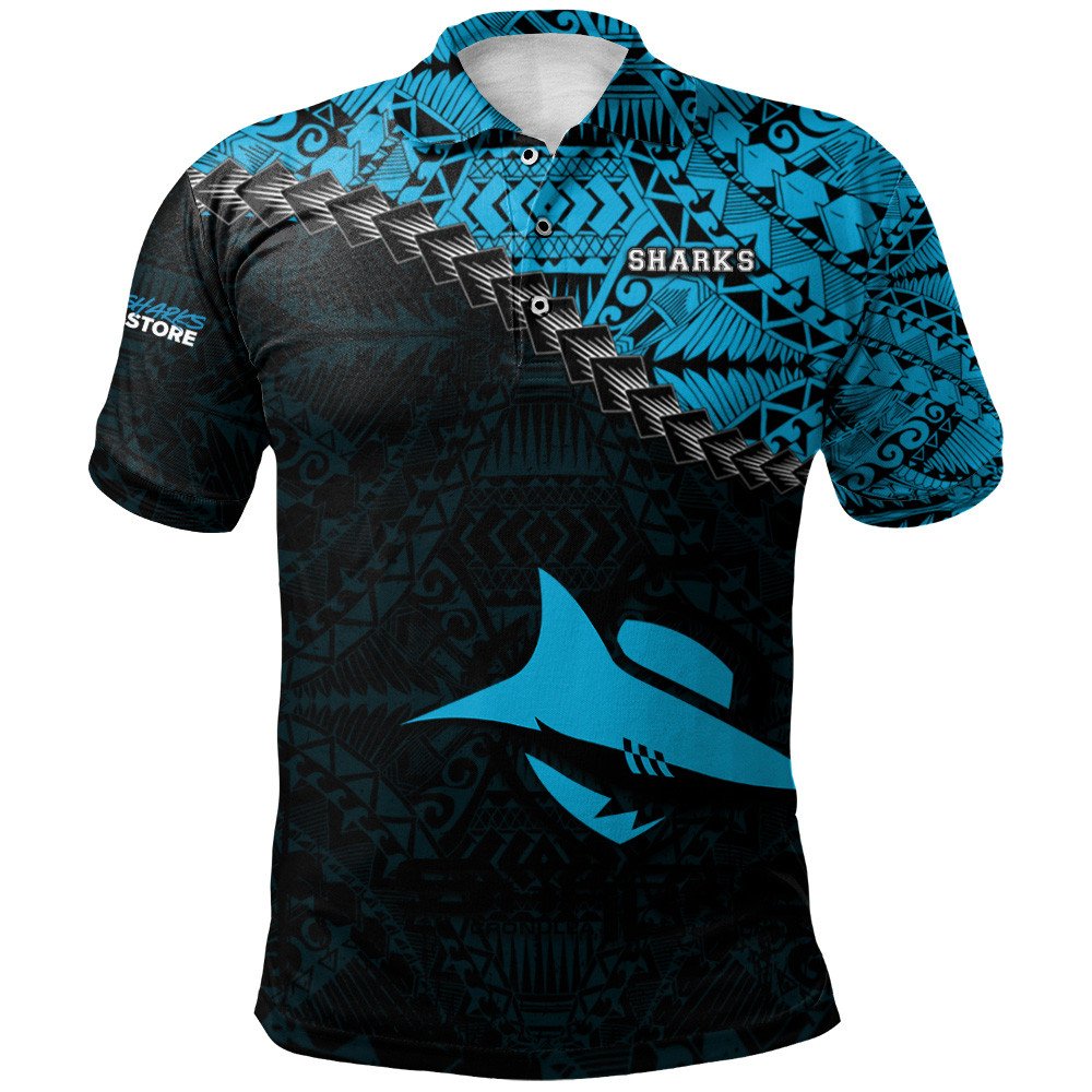 cronulla-sutherland-sharks-polo-shirt-grunge-polynesian-tattoo-nrl