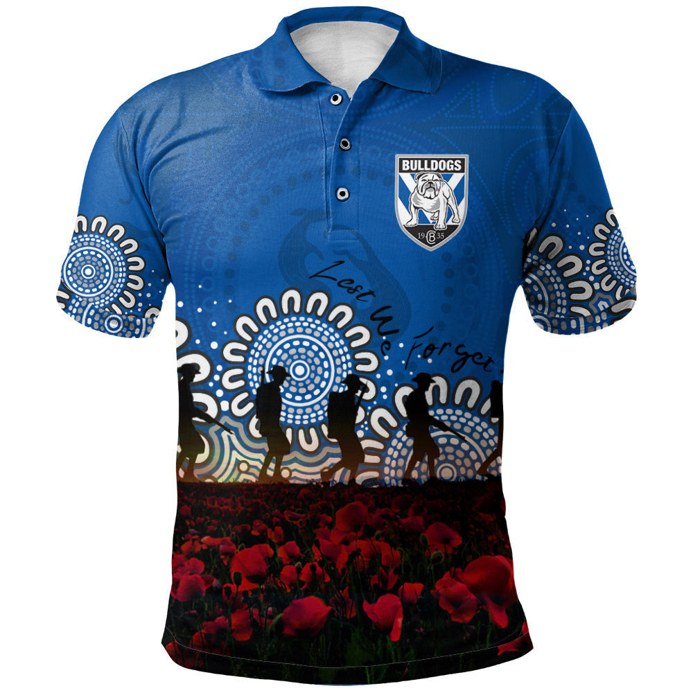canterbury-bankstown-bulldogs-polo-shirt-personalized-aboriginal-rugby-anzac-day-poppy-with-soldiers-nrl