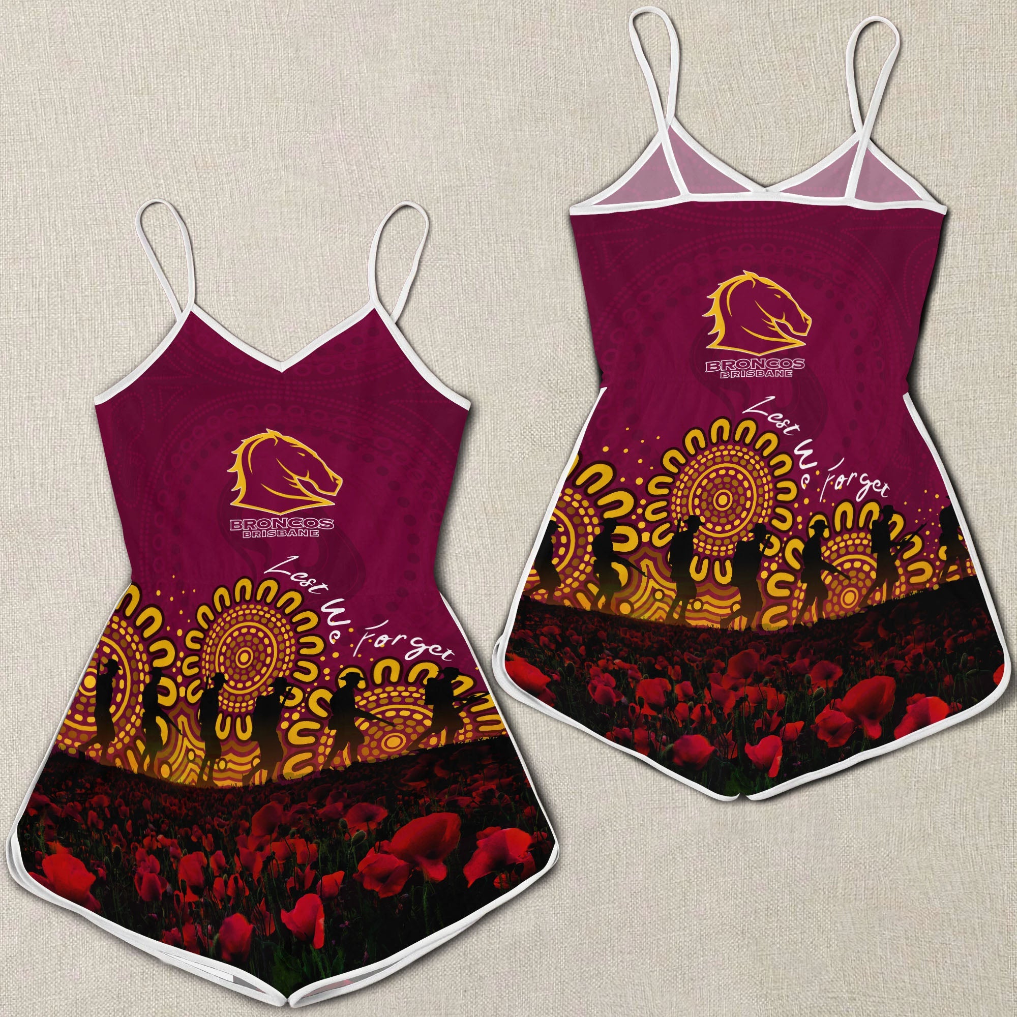 brisbane-broncos-women-rompers-personalized-aboriginal-rugby-anzac-day-poppy-with-soldiers-nrl