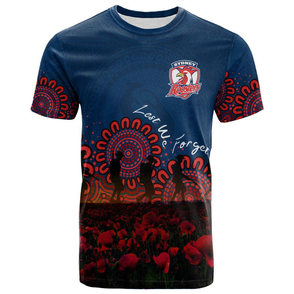 sydney-roosters-t-shirt-personalized-aboriginal-rugby-anzac-day-poppy-with-soldiers-nrl
