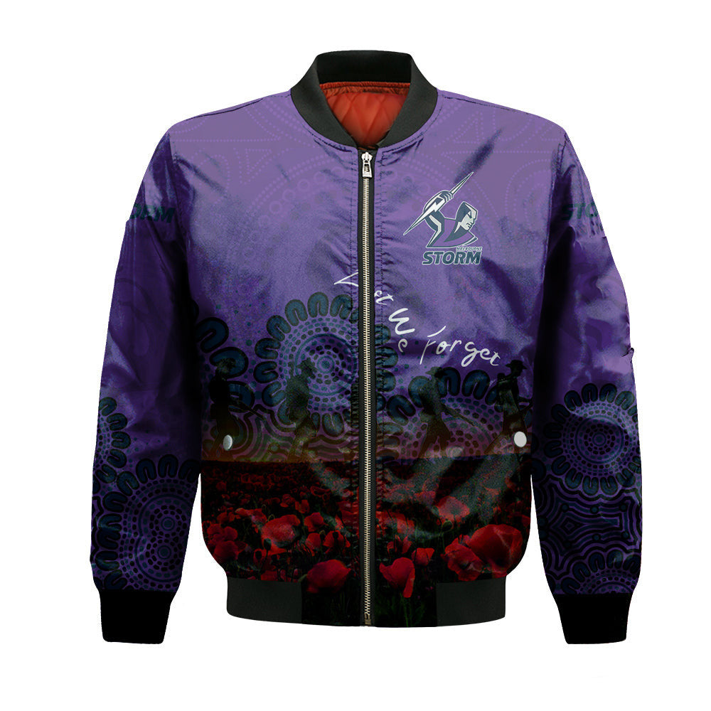 melbourne-storm-bomber-jacket-personalized-aboriginal-rugby-anzac-day-poppy-with-soldiers-nrl