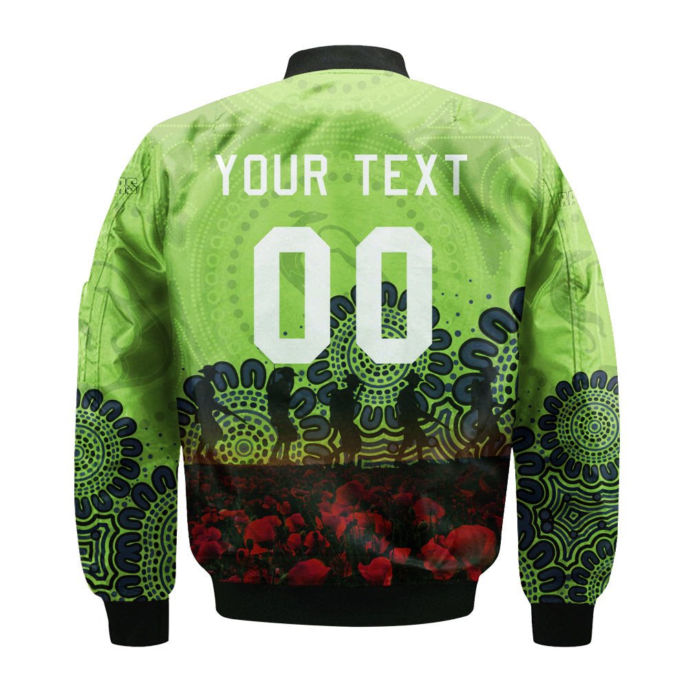 canberra-raiders-bomber-jacket-personalized-aboriginal-rugby-anzac-day-poppy-with-soldiers-nrl