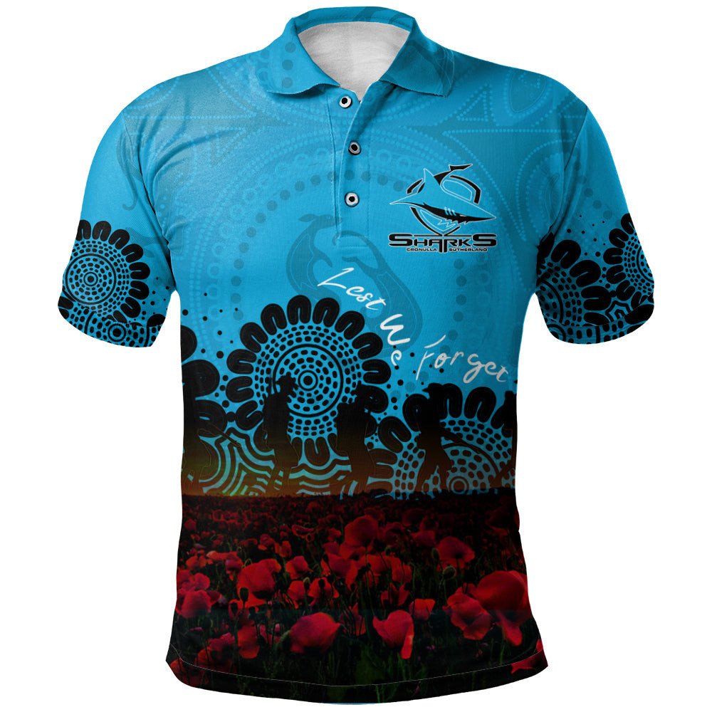 cronulla-sutherland-sharks-polo-shirt-personalized-aboriginal-rugby-anzac-day-poppy-with-soldiers-nrl