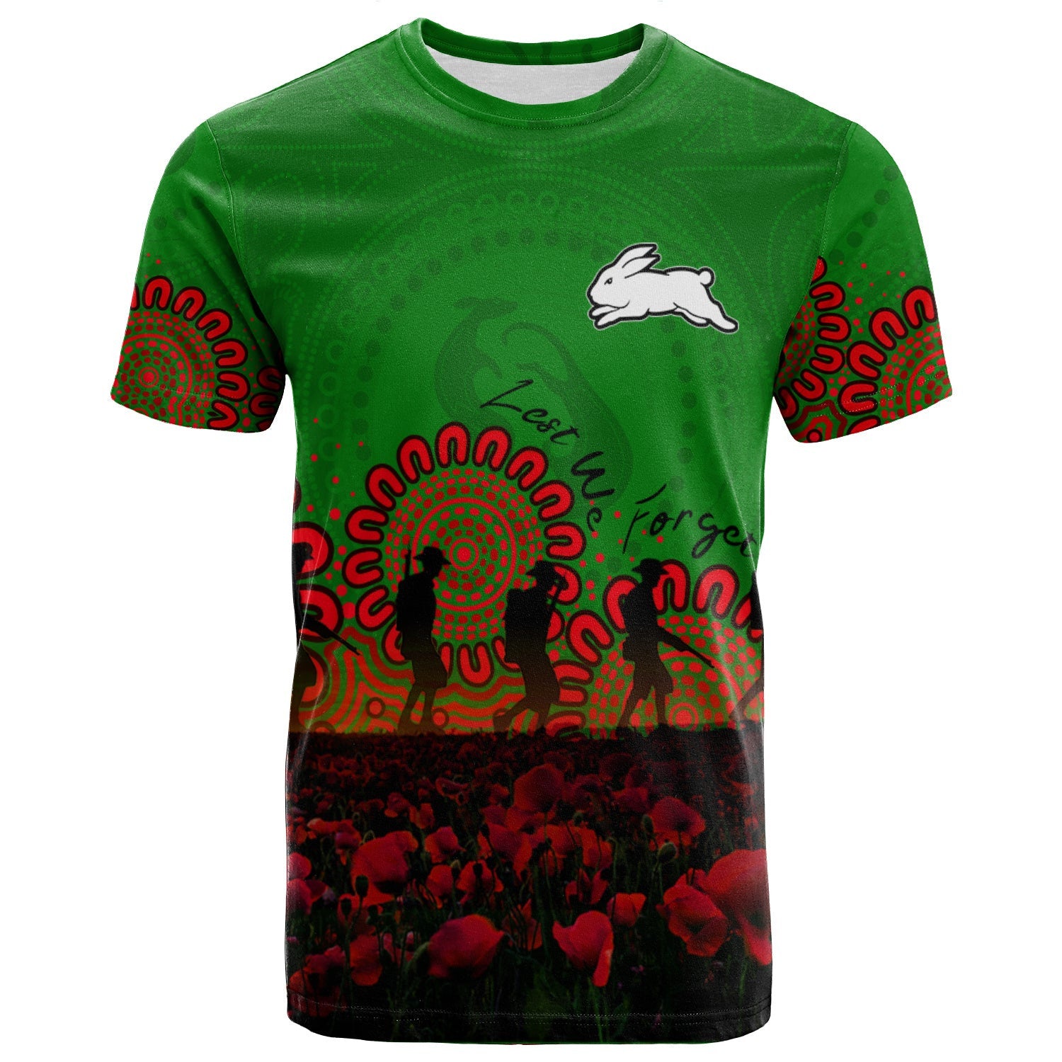 south-sydney-rabbitohs-t-shirt-personalized-aboriginal-rugby-anzac-day-poppy-with-soldiers-nrl