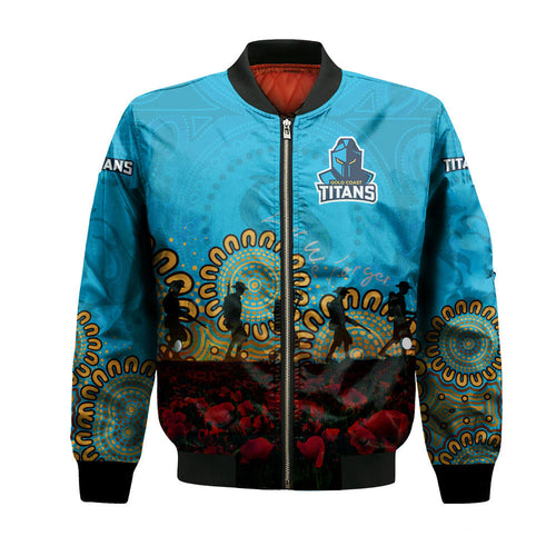gold-coast-titans-bomber-jacket-personalized-aboriginal-rugby-anzac-day-poppy-with-soldiers-nrl