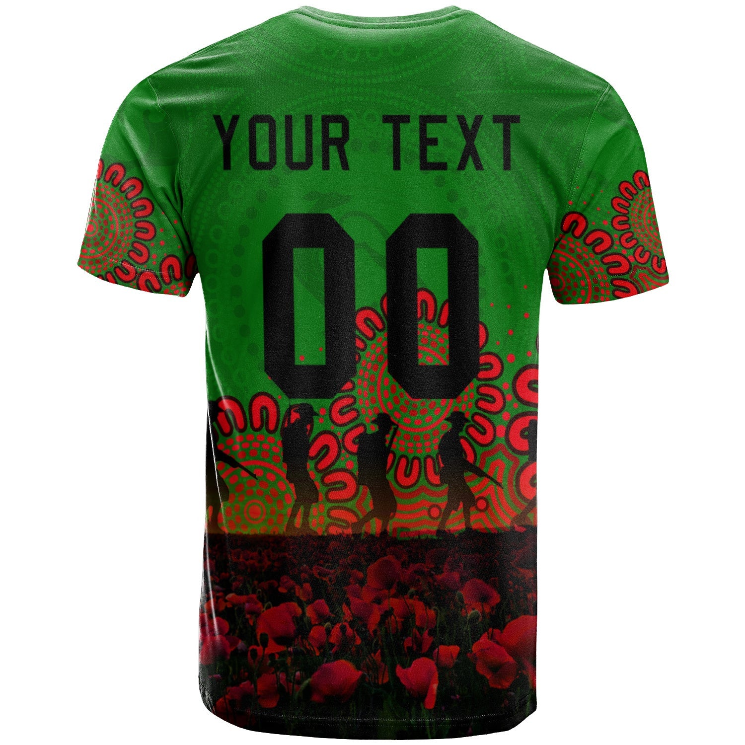 south-sydney-rabbitohs-t-shirt-personalized-aboriginal-rugby-anzac-day-poppy-with-soldiers-nrl
