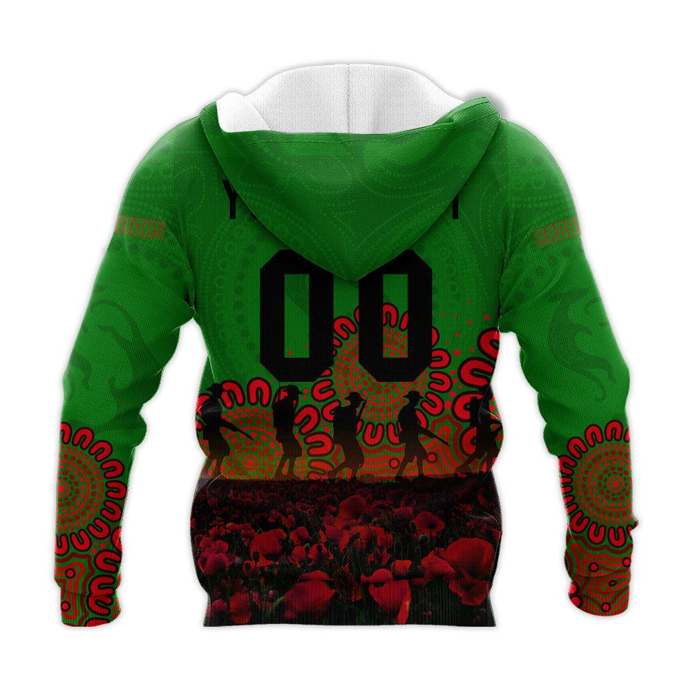 south-sydney-rabbitohs-hoodie-personalized-aboriginal-rugby-anzac-day-poppy-with-soldiers-nrl