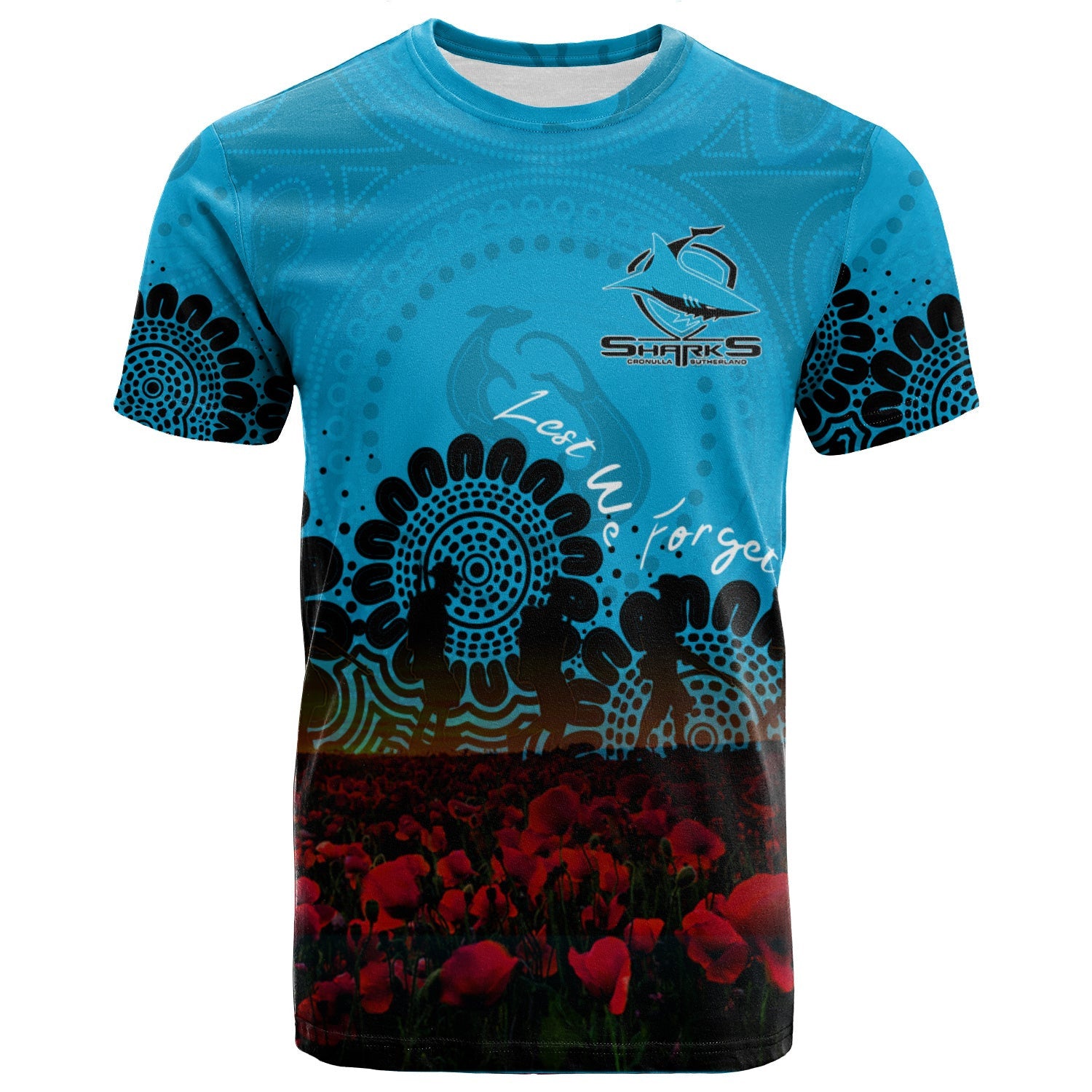 cronulla-sutherland-sharks-t-shirt-personalized-aboriginal-rugby-anzac-day-poppy-with-soldiers-nrl