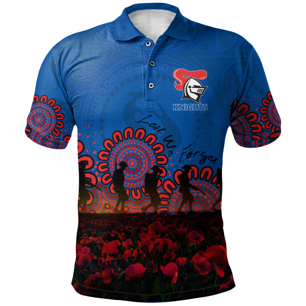 newcastle-knights-polo-shirt-personalized-aboriginal-rugby-anzac-day-poppy-with-soldiers-nrl