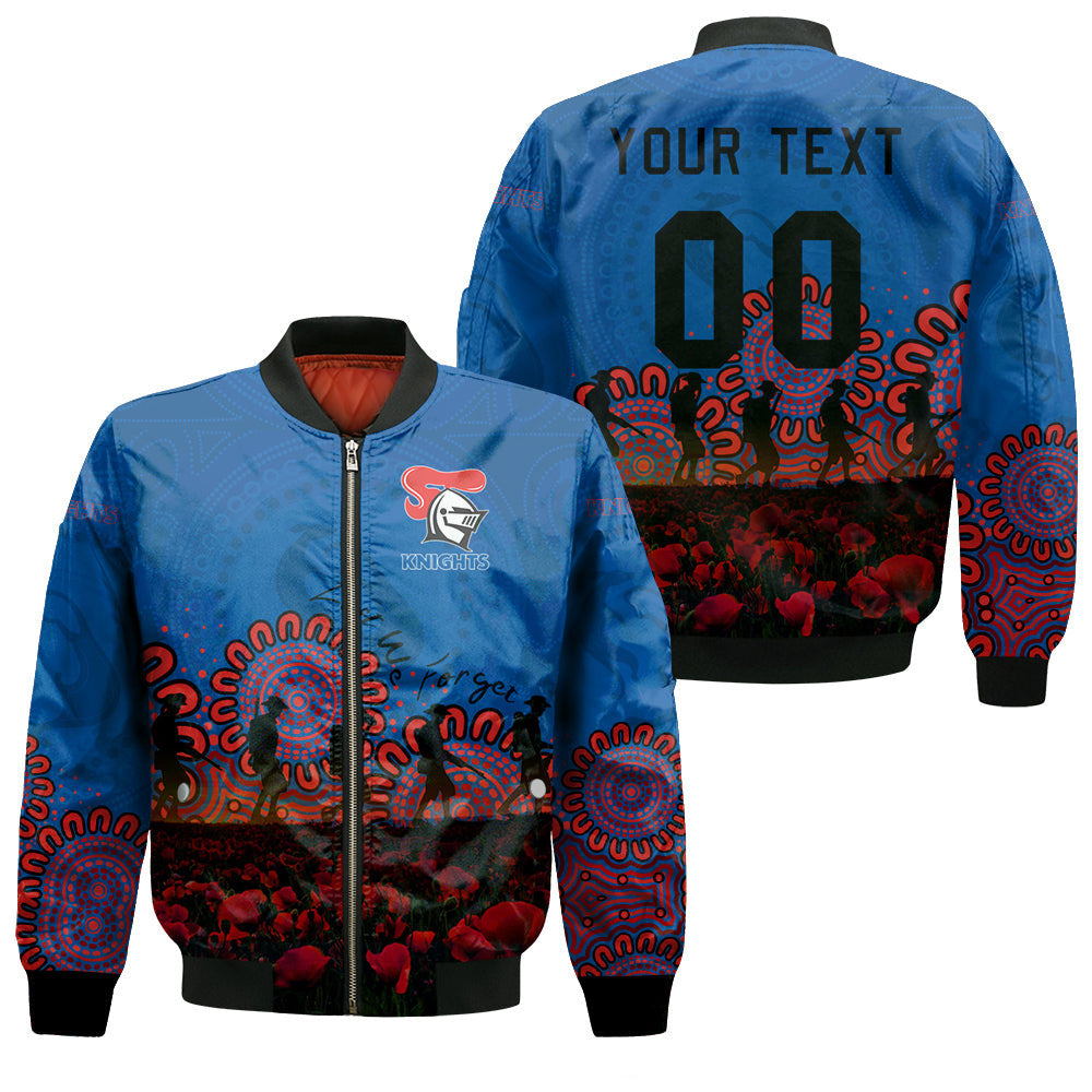 newcastle-knights-bomber-jacket-personalized-aboriginal-rugby-anzac-day-poppy-with-soldiers-nrl